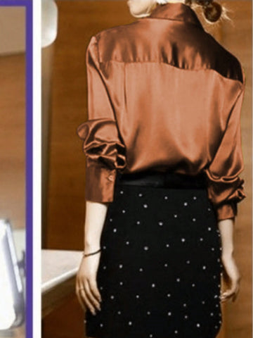 Women's Solid Color Single-Breasted Long Sleeve Elegant Office Shirt, Autumn