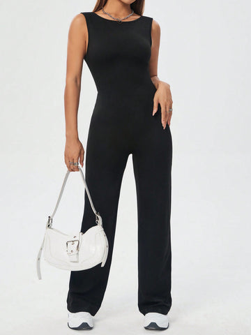 Women's Solid Color Sleeveless Backless Jumpsuit