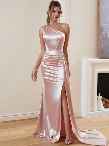 Women's Solid Color Sleeveless Formal Evening Gown With Asymmetrical Neckline, Front Slit And Length To Thigh