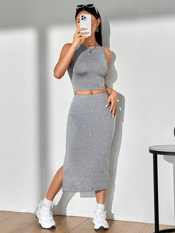 Women's Solid Color Slim Fit Vest And Skirt Set