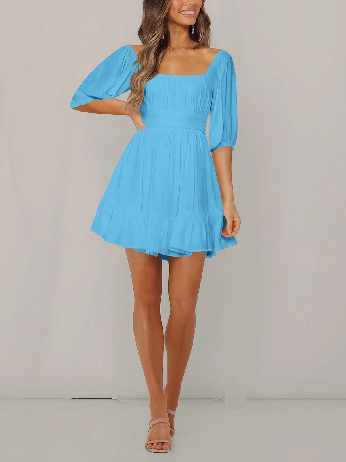 Women's Solid Color Square Neck Lantern Sleeve Dress