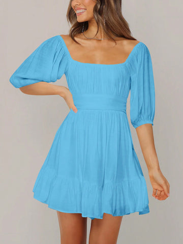 Women's Solid Color Square Neck Lantern Sleeve Dress