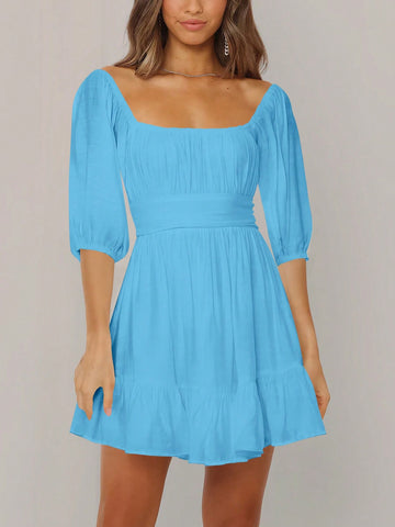 Women's Solid Color Square Neck Lantern Sleeve Dress
