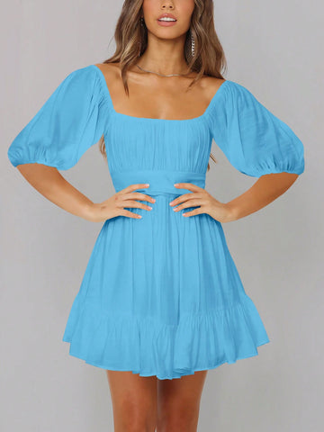 Women's Solid Color Square Neck Lantern Sleeve Dress