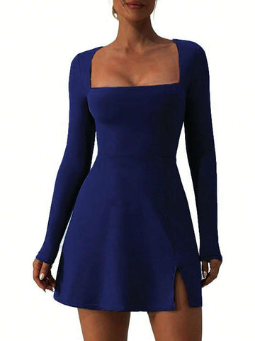 Women's Solid Color Square Neck Long Sleeve Split Mini Dress