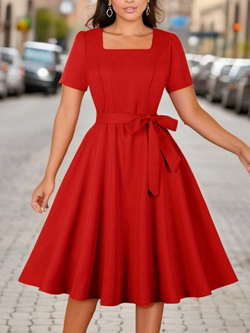 Women's Solid Color Square Neckline Dress With Waist Belt