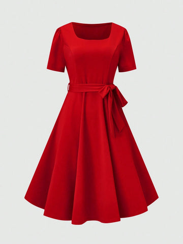 Women's Solid Color Square Neckline Dress With Waist Belt