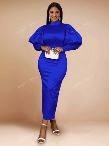 Women's Solid Color Stand Collar Lantern Sleeve High Waist Slim Fit Bodycon Party Dress