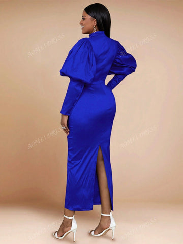 Women's Solid Color Stand Collar Lantern Sleeve High Waist Slim Fit Bodycon Party Dress