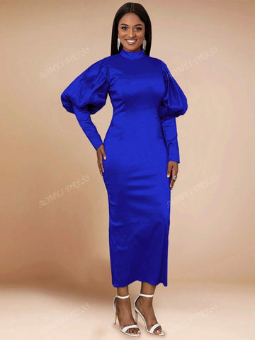 Women's Solid Color Stand Collar Lantern Sleeve High Waist Slim Fit Bodycon Party Dress