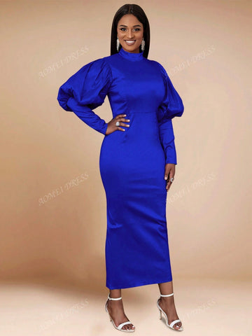 Women's Solid Color Stand Collar Lantern Sleeve High Waist Slim Fit Bodycon Party Dress