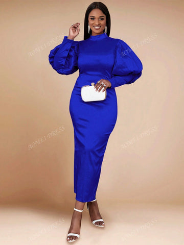 Women's Solid Color Stand Collar Lantern Sleeve High Waist Slim Fit Bodycon Party Dress