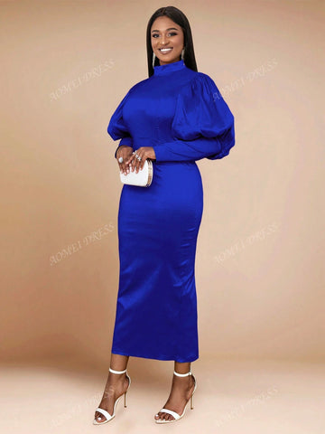 Women's Solid Color Stand Collar Lantern Sleeve High Waist Slim Fit Bodycon Party Dress