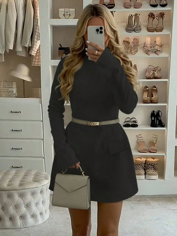 Women's Solid Color Stand Collar Long Sleeve Faux Pocket Minimalist Short White Dress