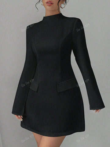 Women's Solid Color Stand Collar Long Sleeve Faux Pocket Minimalist Short White Dress