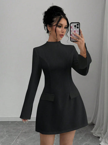 Women's Solid Color Stand Collar Long Sleeve Faux Pocket Minimalist Short White Dress