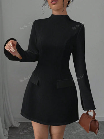 Women's Solid Color Stand Collar Long Sleeve Faux Pocket Minimalist Short White Dress