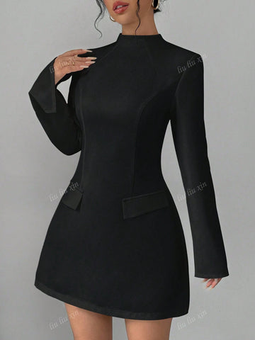 Women's Solid Color Stand Collar Long Sleeve Faux Pocket Minimalist Short White Dress