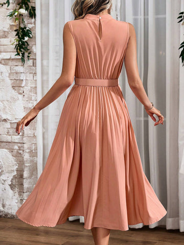 Women's Solid Color Stand Collar Sleeveless Dress With Pleated Hem