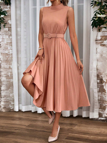 Women's Solid Color Stand Collar Sleeveless Dress With Pleated Hem