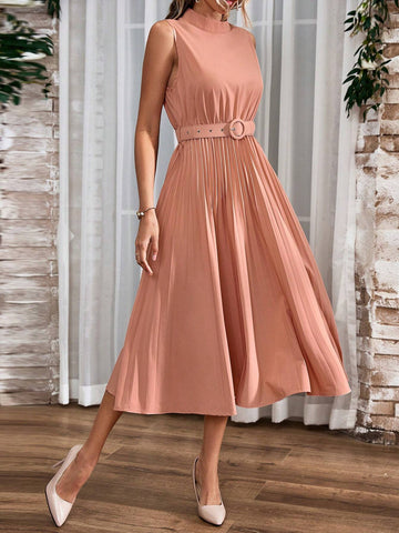 Women's Solid Color Stand Collar Sleeveless Dress With Pleated Hem