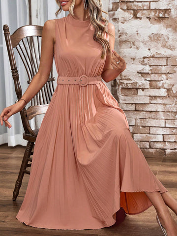 Women's Solid Color Stand Collar Sleeveless Dress With Pleated Hem