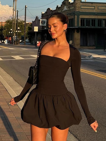 Women's Solid Color Swan Collar Long Sleeve Peplum Dress, Autumn