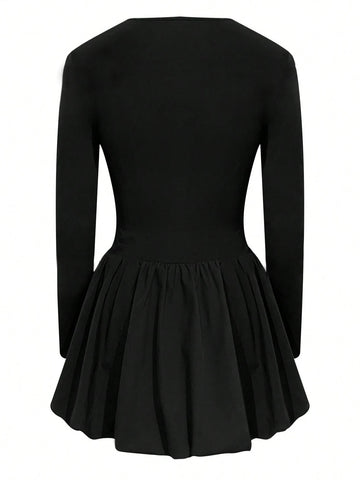 Women's Solid Color Swan Collar Long Sleeve Peplum Dress, Autumn