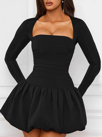 Women's Solid Color Swan Collar Long Sleeve Peplum Dress, Autumn