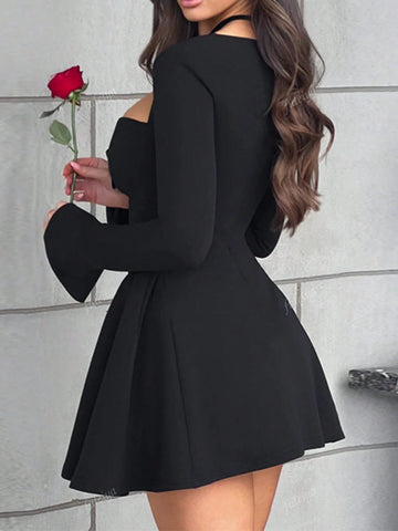 Women's Solid Color Sweet Heart Collar Elegant Fit And Flare Long Sleeve Dress, Spring Summer