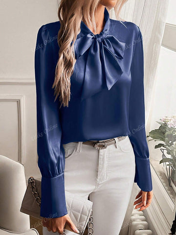 Women's Solid Color Tie Collar Lantern Sleeve Elegant Blouse, Spring/Summer