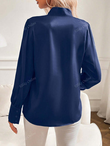 Women's Solid Color Tie Collar Lantern Sleeve Elegant Blouse, Spring/Summer
