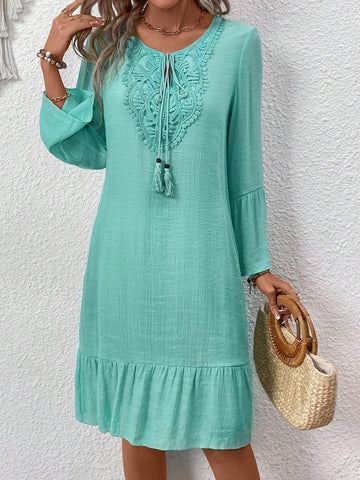 Women's Solid Color Tie Front Long Sleeve Simple Short Casual Dress