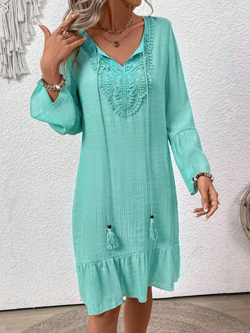 Women's Solid Color Tie Front Long Sleeve Simple Short Casual Dress
