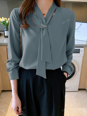 Women's Solid Color Tie Neck Long Sleeve Elegant Office Blouse, Autumn