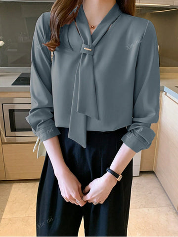 Women's Solid Color Tie Neck Long Sleeve Elegant Office Blouse, Autumn