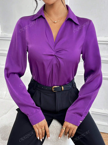 Women's Solid Color Twist Collar Long Sleeve Blouse