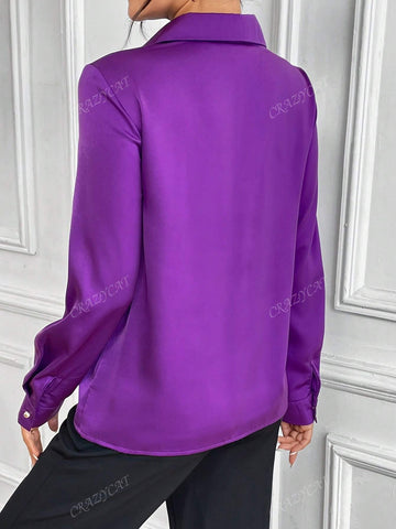 Women's Solid Color Twist Collar Long Sleeve Blouse