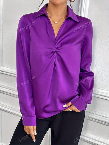 Women's Solid Color Twist Collar Long Sleeve Blouse