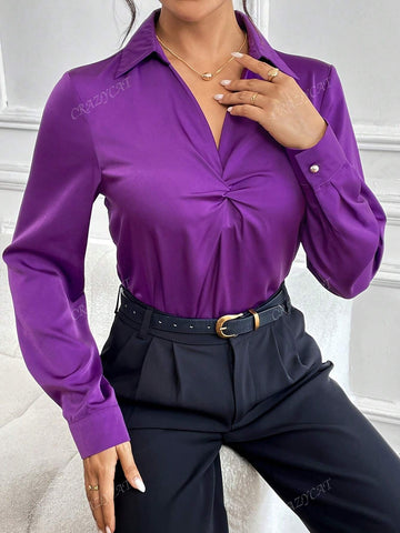 Women's Solid Color Twist Collar Long Sleeve Blouse