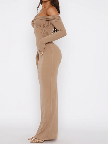Women's Solid Color Twist Off-Shoulder Long Sleeve Dress, Autumn