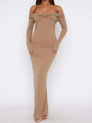 Women's Solid Color Twist Off-Shoulder Long Sleeve Dress, Autumn