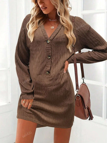 Women's Solid Color V-Neck Button Front Long Sleeve Casual Short Dress, Spring Autumn