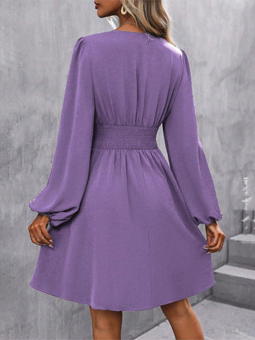 Women's Solid Color V-Neck Lantern Sleeve Empire Waist Pleated A-Line Dress