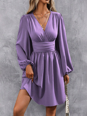 Women's Solid Color V-Neck Lantern Sleeve Empire Waist Pleated A-Line Dress