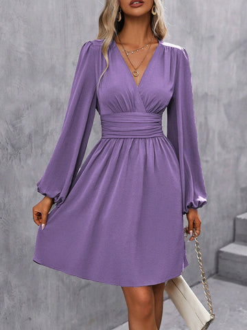 Women's Solid Color V-Neck Lantern Sleeve Empire Waist Pleated A-Line Dress