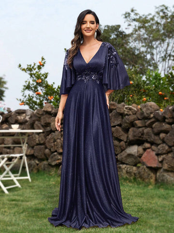 Women's V-Neck Sequin Patchwork Evening Party Dress