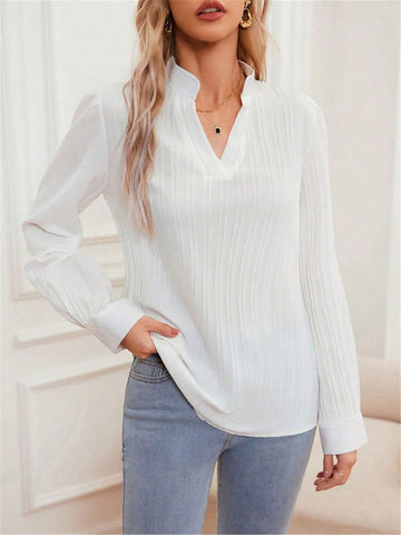 Women's Solid Color V-Neck Long Sleeve Casual Blouse, Everyday Wear