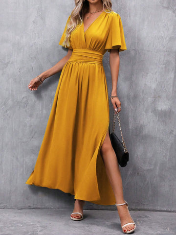 Women's Solid Color V-Neck Ruffled Short Sleeve Dress