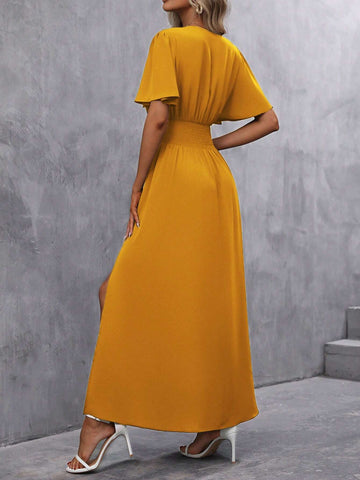Women's Solid Color V-Neck Ruffled Short Sleeve Dress